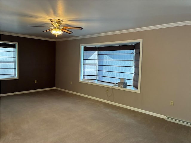 unfurnished room with carpet, ceiling fan, baseboards, and ornamental molding