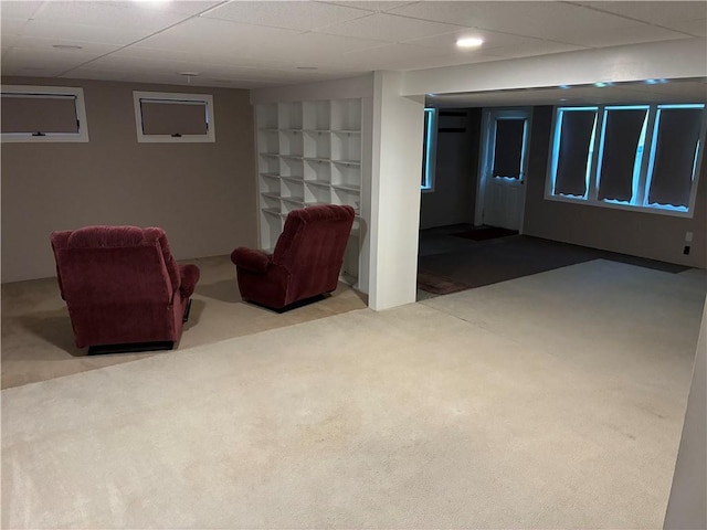 finished basement with built in features and carpet floors