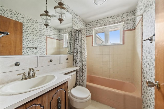 639 Scenery Dr, Elizabeth Twp/Boro, PA 15037 - full bathroom with wallpapered walls, toilet, shower / tub combo, and vanity