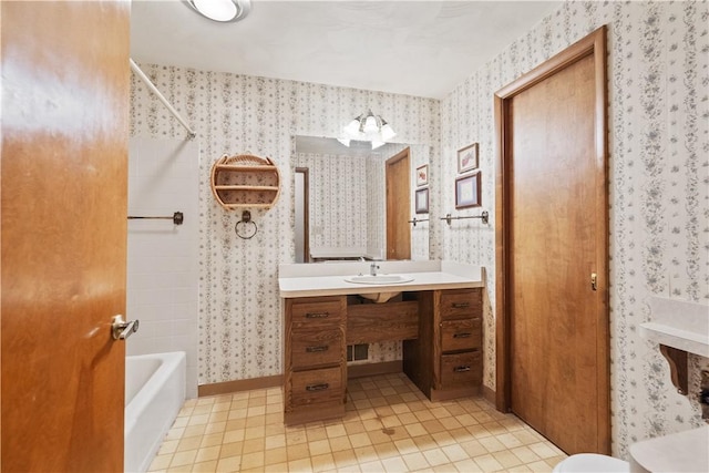 639 Scenery Dr, Elizabeth Twp/Boro, PA 15037 - bathroom with wallpapered walls, tile patterned flooring, vanity, and shower / washtub combination