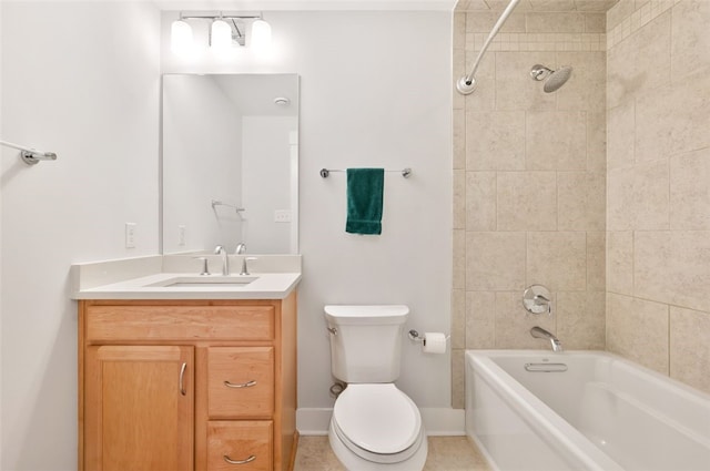 full bathroom with bathtub / shower combination, vanity, toilet, and baseboards