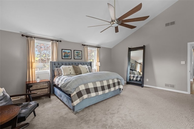 bedroom featuring multiple windows, carpet floors, high vaulted ceiling, and baseboards