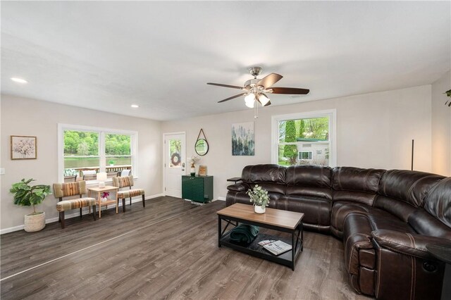 145 Robinson Pl, Perry Twp Arm, PA 16041 - living room featuring wood finished floors, baseboards, ceiling fan, and recessed lighting