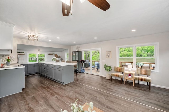 145 Robinson Pl, Perry Twp Arm, PA 16041 - kitchen with gray cabinetry, light countertops, ceiling fan, dark wood-type flooring, and baseboards