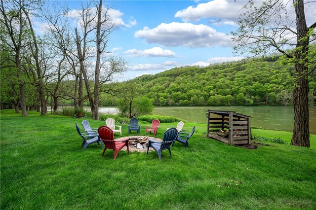 145 Robinson Pl, Perry Twp Arm, PA 16041 - view of green lawn with a water view, a fire pit, and a wooded view