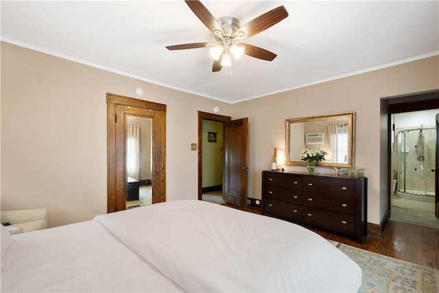 16 Morgan Ave E, Washington Boro, PA 15301 - bedroom with dark wood-type flooring, crown molding, baseboards, a wall unit AC, and ceiling fan