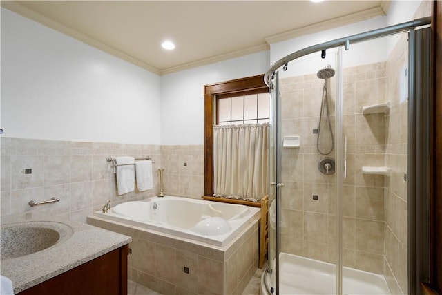 16 Morgan Ave E, Washington Boro, PA 15301 - bathroom featuring a shower stall, a garden tub, vanity, tile walls, and crown molding