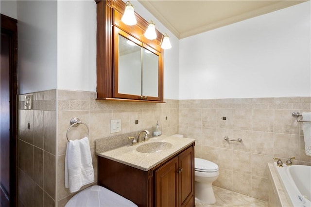 16 Morgan Ave E, Washington Boro, PA 15301 - bathroom featuring toilet, tile walls, vanity, tiled bath, and tile patterned floors