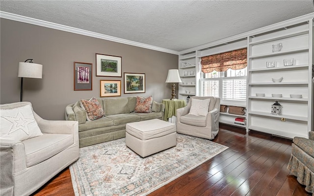 living area with crown molding, a textured ceiling, and dark wood-type flooring