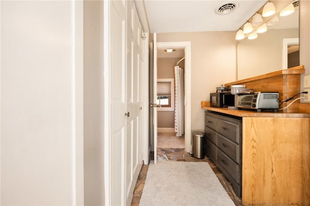 301 Meyers Ave, Meyersdale Boro, PA 15552 - full bath featuring vanity, stone finish flooring, baseboards, and curtained shower