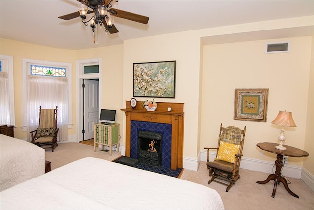 301 Meyers Ave, Meyersdale Boro, PA 15552 - bedroom featuring carpet, a fireplace with flush hearth, baseboards, and a ceiling fan
