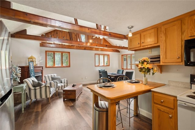 192 Wilkins Hollow Rd, Addison Twp, PA 15411 - kitchen featuring electric stove, black microwave, baseboards, dark wood-style floors, and light countertops