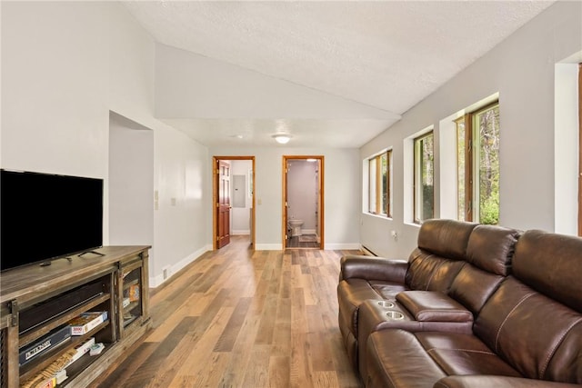 192 Wilkins Hollow Rd, Addison Twp, PA 15411 - living room with lofted ceiling, light wood finished floors, a textured ceiling, and baseboards
