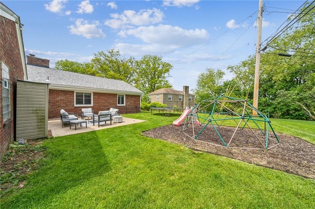 4625 Doverdell Dr, Whitehall, PA 15236 - view of green lawn featuring a playground, a patio, outdoor lounge area, and a trampoline