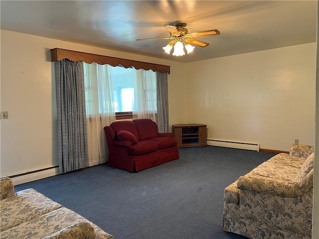 living room featuring baseboard heating, carpet, and a ceiling fan
