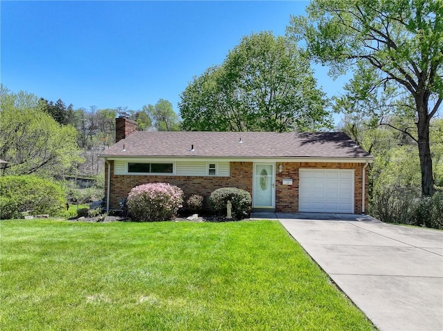 16 Sioux Rd, Bethel Park, PA 15241 - view of front of property featuring brick siding, an attached garage, a chimney, driveway, and a front yard