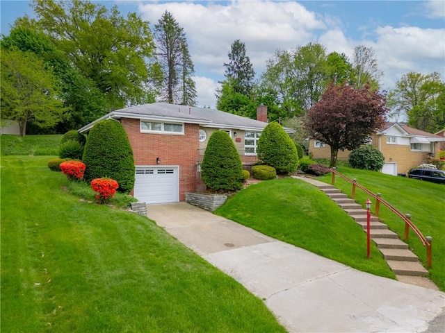 view of front of house featuring concrete driveway, brick siding, a garage, a chimney, and a front yard