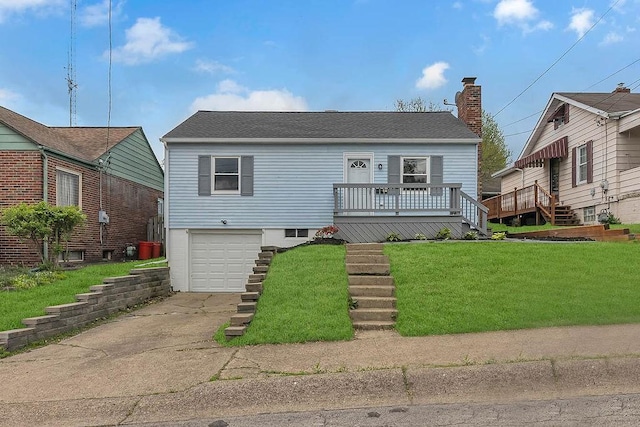 view of front facade featuring a garage, concrete driveway, a front lawn, a chimney, and stairs