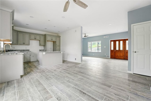 958 Cliff Mine Rd, Coraopolis, PA 15108 - kitchen with ceiling fan, a sink, light wood finished floors, and light stone counters