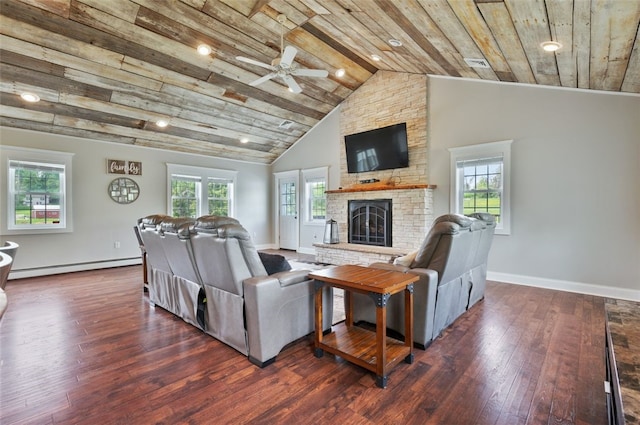 10 Chestnut Ln, Finleyville, PA 15332 - living room with a baseboard radiator, a fireplace, a ceiling fan, wood-type flooring, and wood ceiling