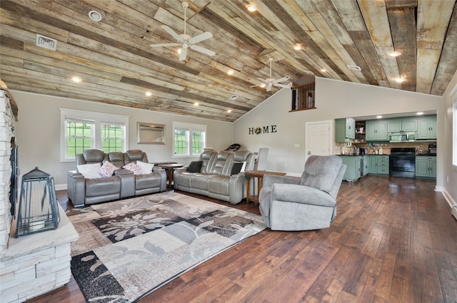 10 Chestnut Ln, Finleyville, PA 15332 - living area with a ceiling fan, dark wood-style floors, vaulted ceiling, baseboards, and wood ceiling