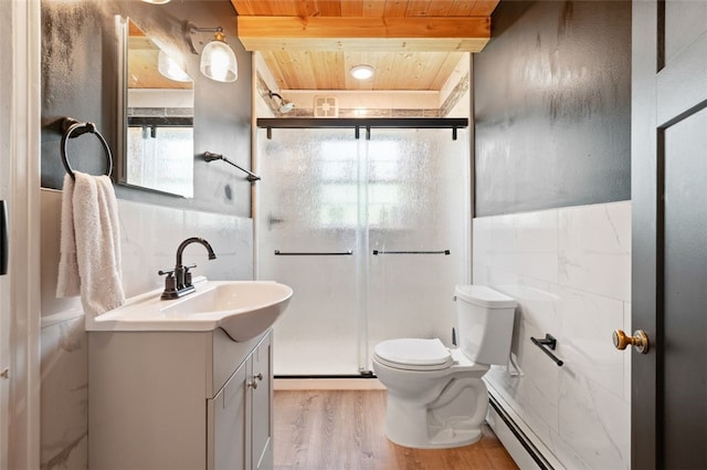 10 Chestnut Ln, Finleyville, PA 15332 - full bathroom featuring wooden ceiling, tile walls, wood finished floors, a shower stall, and vanity