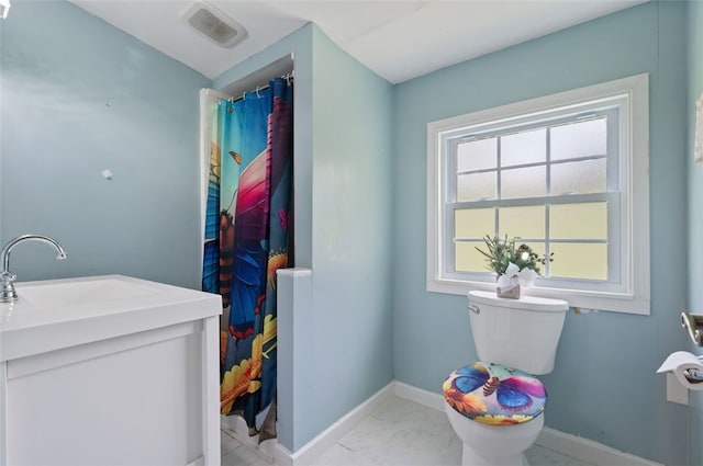 10 Chestnut Ln, Finleyville, PA 15332 - bathroom with a sink, marble finish floors, baseboards, a shower with shower curtain, and toilet