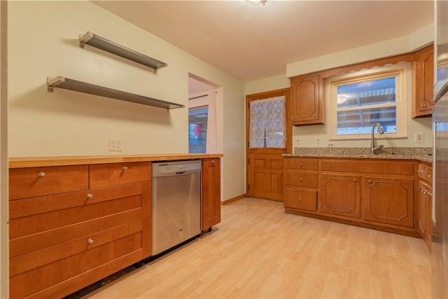 121 Pilgrim Dr, Leet Twp, PA 15143 - kitchen featuring dishwasher, open shelves, light wood-style floors, and brown cabinets