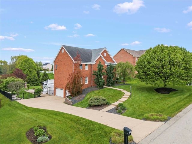view of front facade featuring brick siding, an attached garage, a front lawn, and driveway