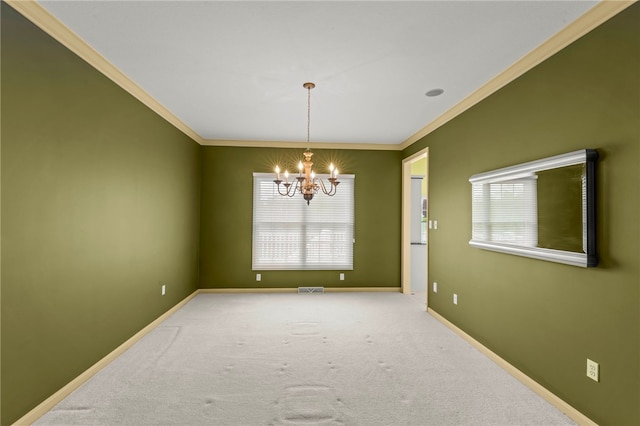unfurnished room featuring ornamental molding, a chandelier, healthy amount of natural light, and carpet floors