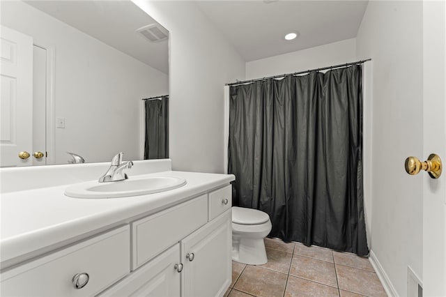 full bathroom with tile patterned floors, toilet, vanity, and a shower with curtain