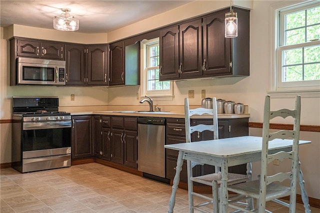 kitchen with stainless steel appliances, a sink, plenty of natural light, and dark brown cabinets