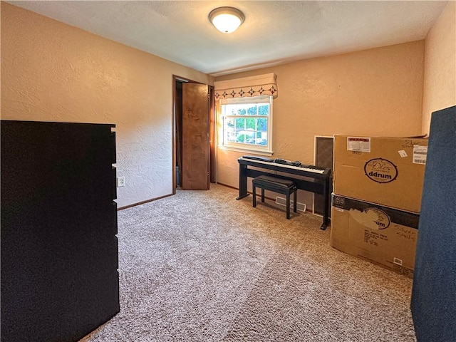 sitting room featuring a textured wall, carpet floors, and baseboards