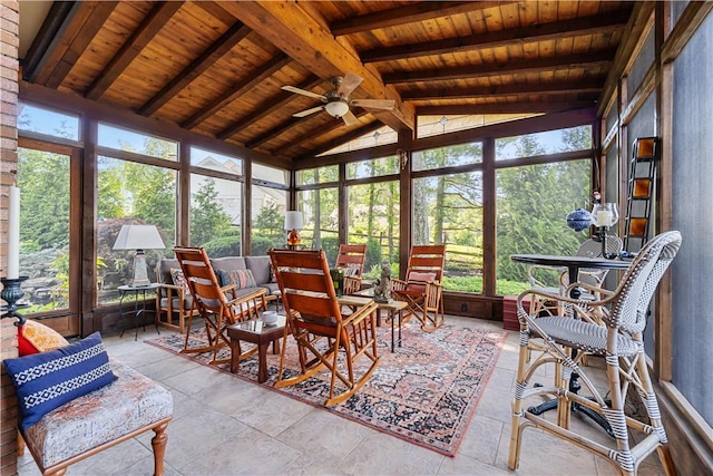 sunroom with ceiling fan and an outdoor hangout area