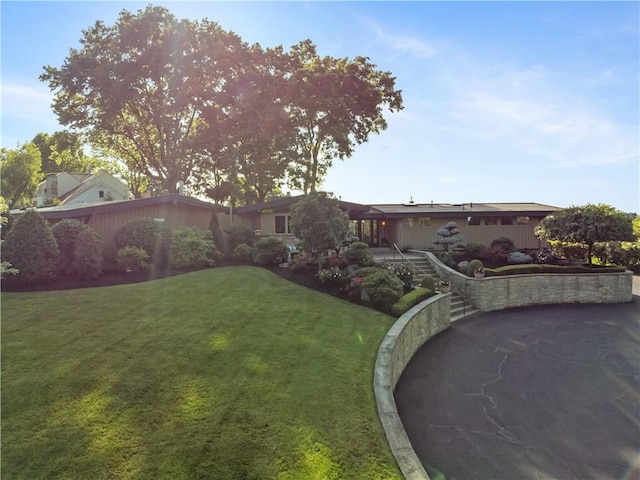 view of front facade featuring a front lawn and a patio area