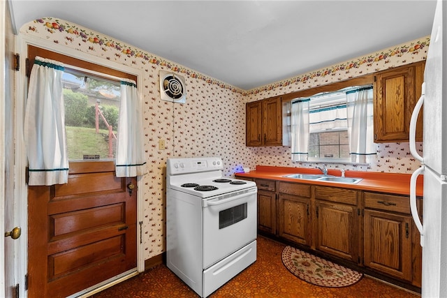2405 Whited St, Brookline, PA 15226 - kitchen with white appliances, a sink, brown cabinets, wallpapered walls, and dark floors