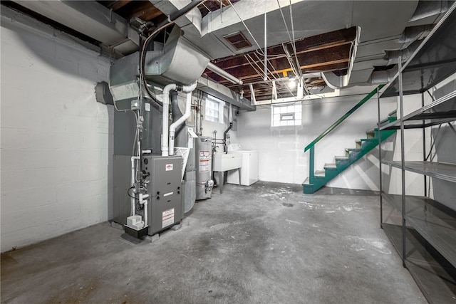 2405 Whited St, Brookline, PA 15226 - basement with washer / clothes dryer, water heater, heating unit, stairs, and a sink
