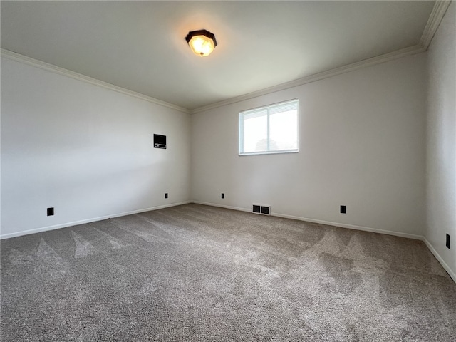 unfurnished room featuring ornamental molding, dark carpet, and baseboards
