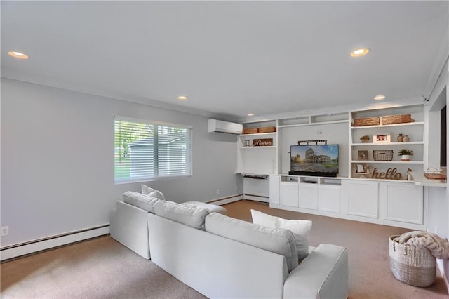 living room featuring a baseboard heating unit, recessed lighting, a wall unit AC, and carpet