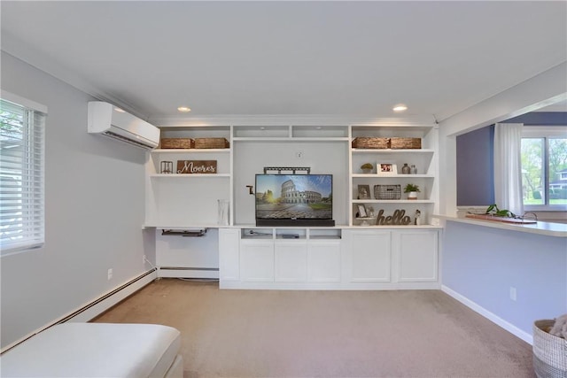 unfurnished living room with an AC wall unit, a baseboard heating unit, light carpet, and recessed lighting