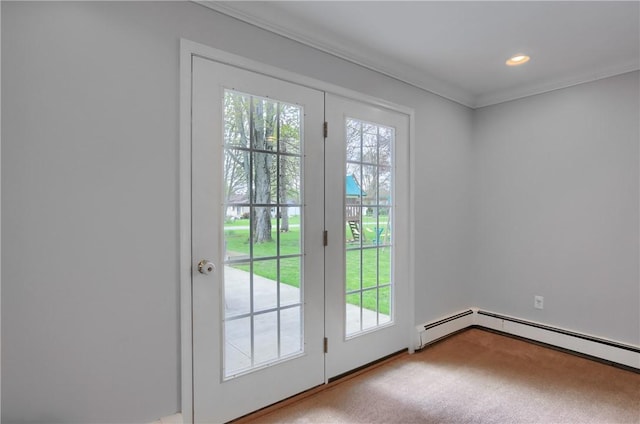 doorway with crown molding, baseboard heating, recessed lighting, and carpet