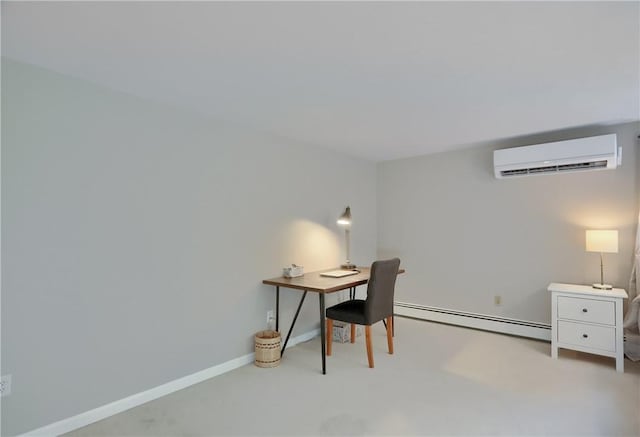 office area featuring a wall unit AC, baseboard heating, and baseboards