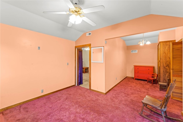 128 Evergreen Dr, Peters Twp, PA 15317 - unfurnished bedroom with lofted ceiling, carpet flooring, a chandelier, baseboards, and a ceiling fan