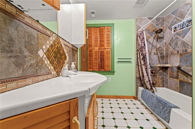 128 Evergreen Dr, Peters Twp, PA 15317 - full bath with baseboards, tile patterned floors, shower / tub combo with curtain, and vanity