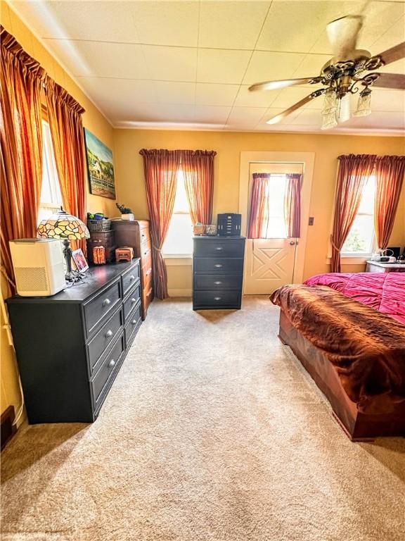 bedroom featuring light colored carpet and multiple windows