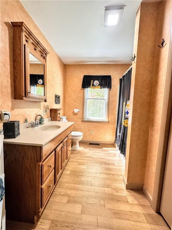 bathroom featuring hardwood / wood-style flooring, vanity, and toilet