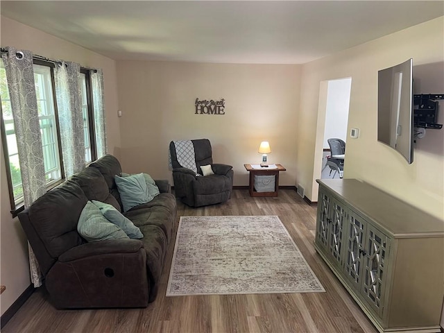 living room featuring wood finished floors and baseboards