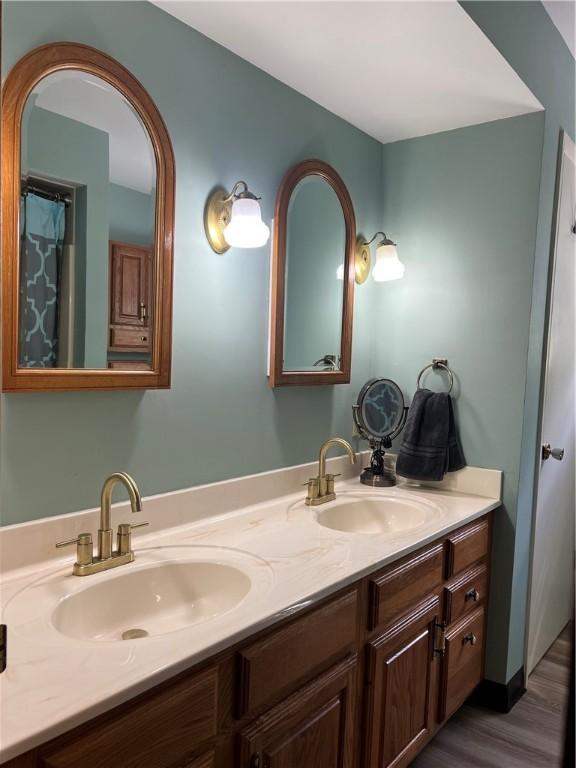 full bathroom featuring wood finished floors and double vanity