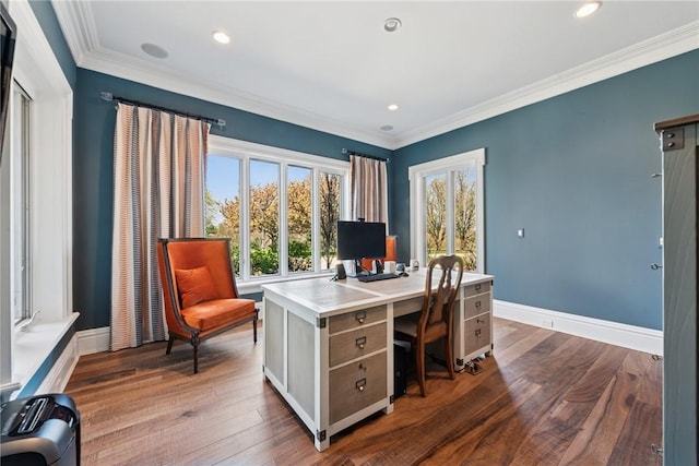 office space with dark wood-style flooring, crown molding, baseboards, and recessed lighting