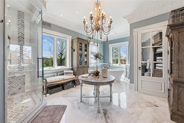 living area featuring light marble finish flooring, crown molding, a chandelier, and recessed lighting